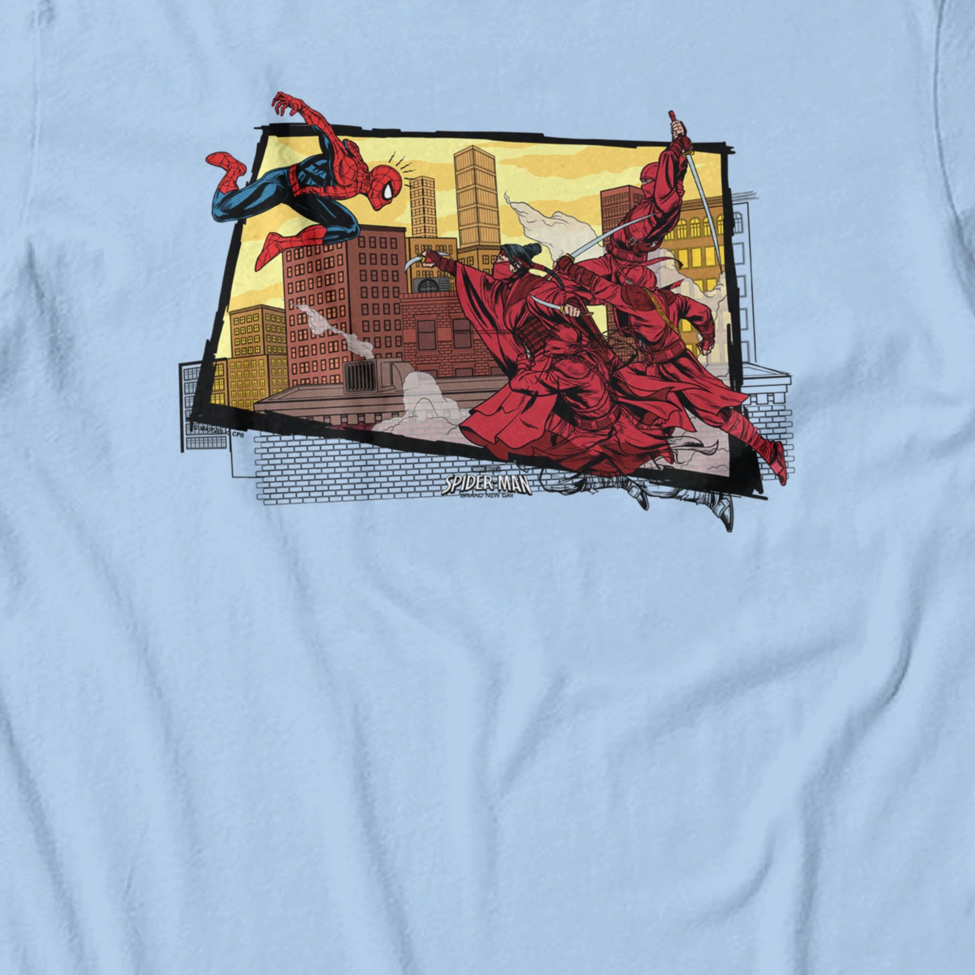 Marvel Spider-Man Brand New Day Mens Leap Into The Feet City Top T-Shirt Light Blue